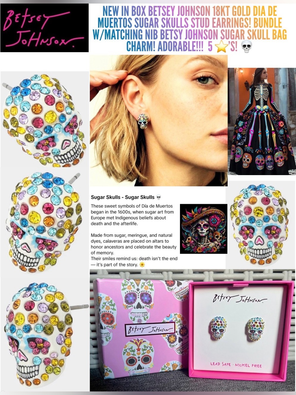 NIB BETSEY JOHNSON DAY OF THE DEAD SUGAR SKULLS STUD EARRINGS!